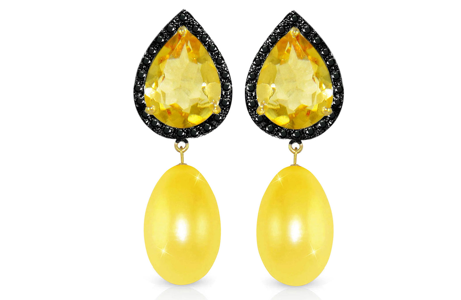 Vera Perla 18K Gold 0.24ct Black Diamonds, Citrine and 13mm Golden Pearl Earrings